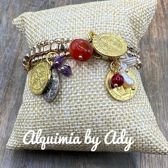 gold Saint Benedict beaded bracelet multi gemstones  handmade - Picture 3 of 3